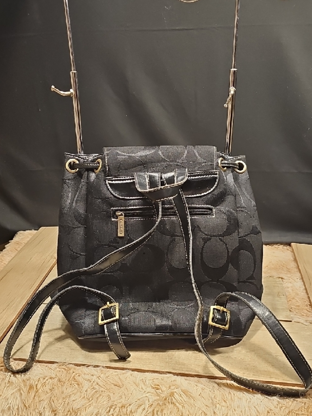 Coach Black Signature Drawstring Backpack with Gold-Tone Accents - Picture 2 of 9